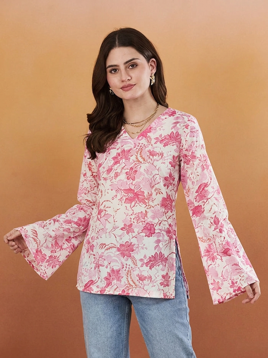 Gohar Women's Floral Printed Pink Designer Short Kurti