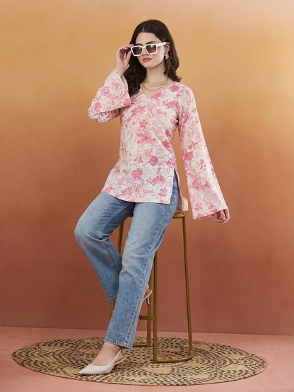 Gohar Women's Floral Printed Pink Designer Short Kurti