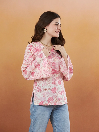 Gohar Women's Floral Printed Pink Designer Short Kurti