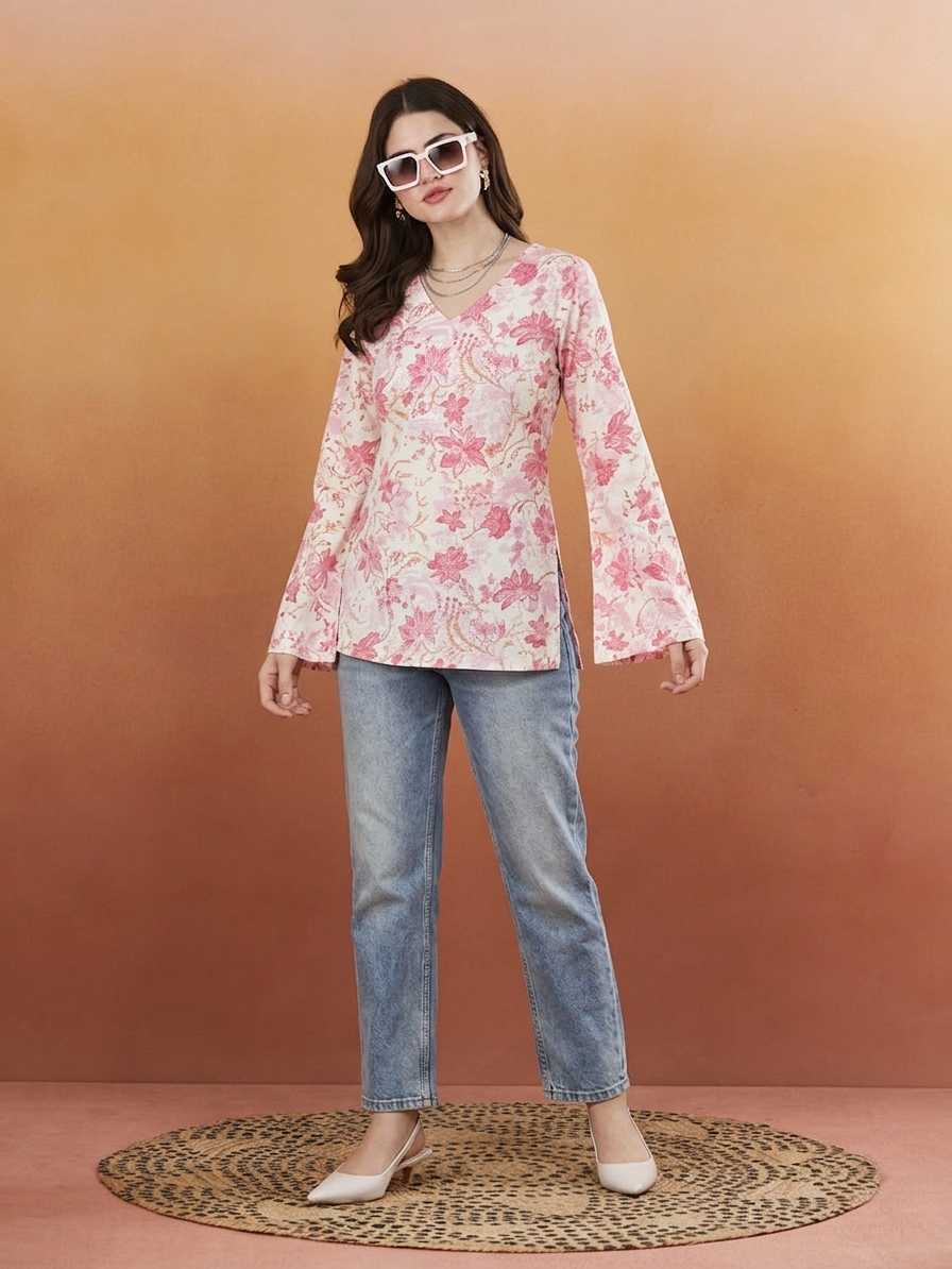Gohar Women's Floral Printed Pink Designer Short Kurti