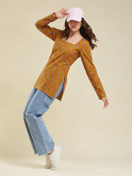 Sapphire Orange Rayon Designer Short Kurti