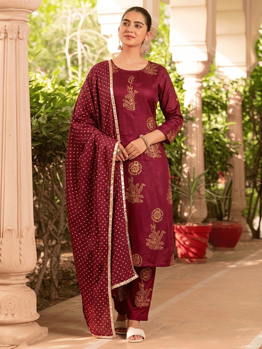 Noor X Women's Rayon Boota Handprinted Wine Lavish Suit Set