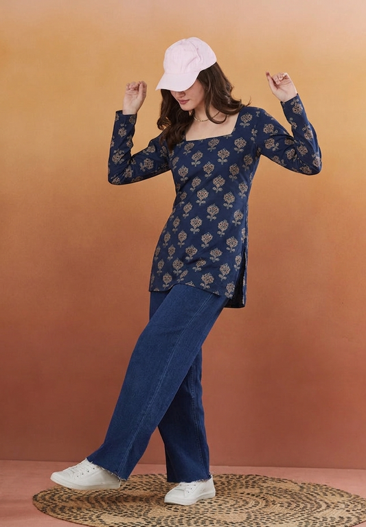 Pearl Blue Rayon Designer Short Kurti