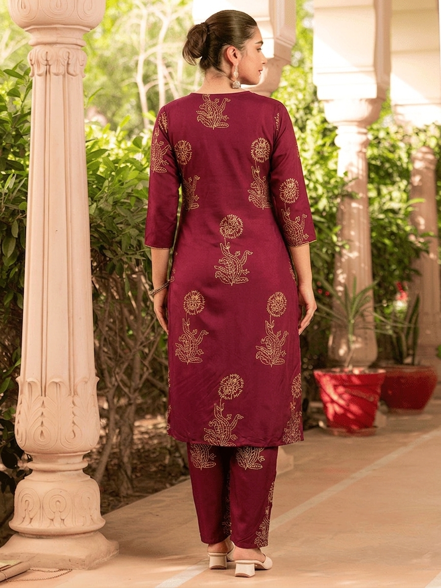 Noor X Women's Rayon Boota Handprinted Wine Lavish Suit Set