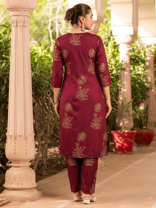 Noor X Women's Rayon Boota Handprinted Wine Lavish Suit Set