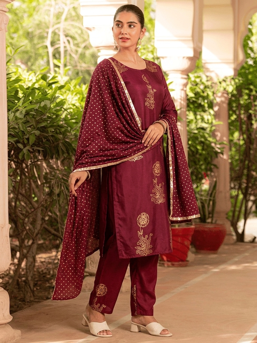 Noor X Women's Rayon Boota Handprinted Wine Lavish Suit Set