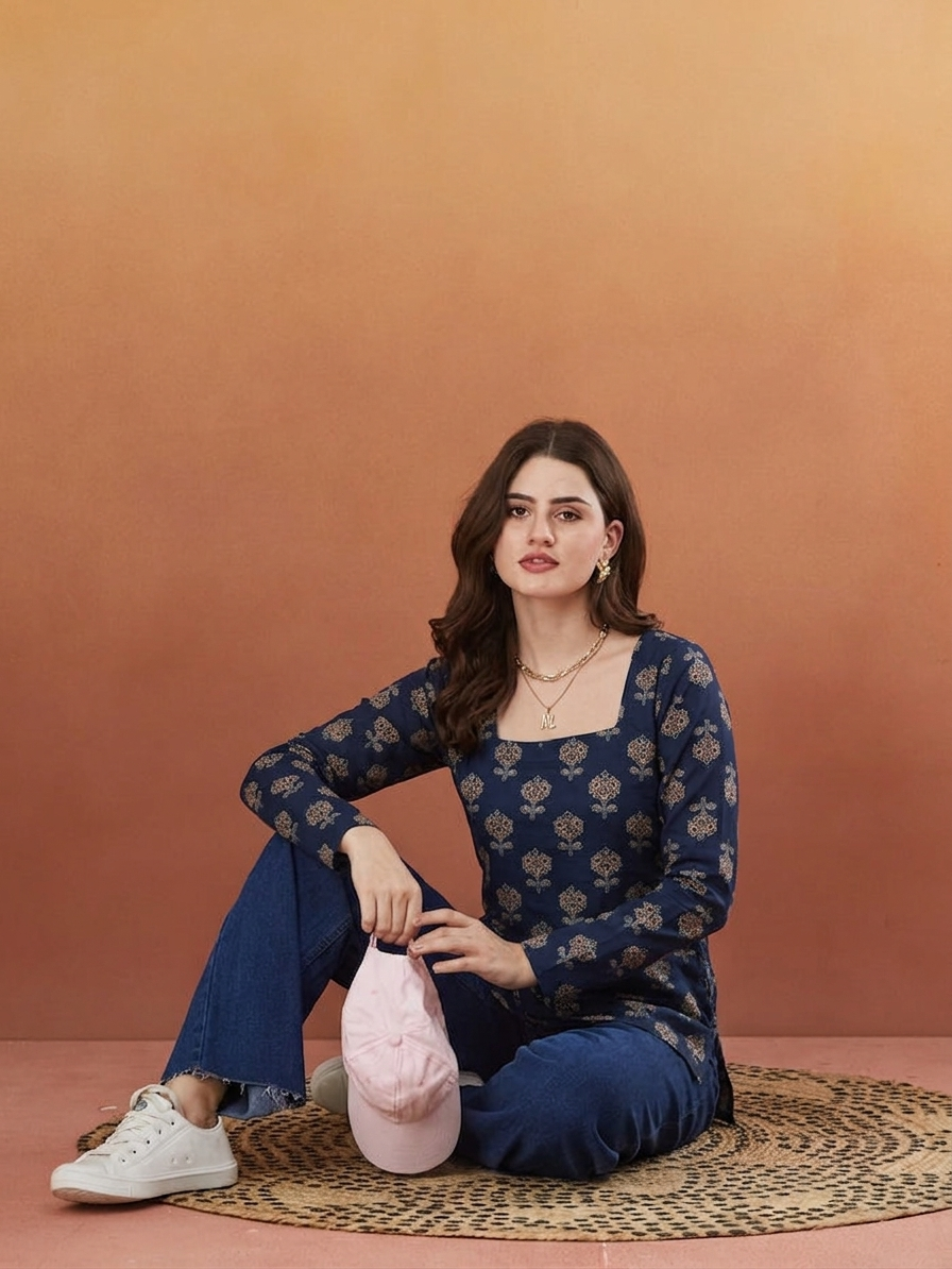 Pearl Blue Rayon Designer Short Kurti