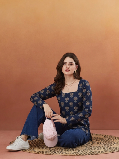 Pearl Blue Rayon Designer Short Kurti