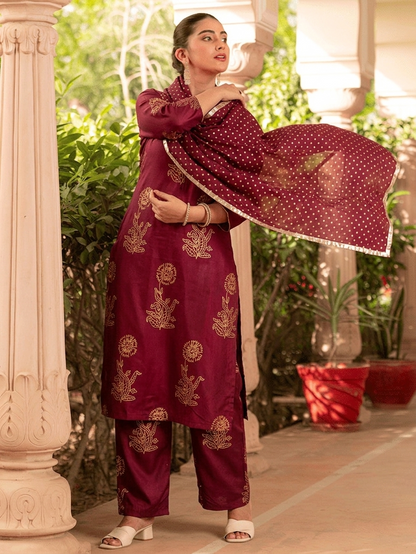 Noor X Women's Rayon Boota Handprinted Wine Lavish Suit Set