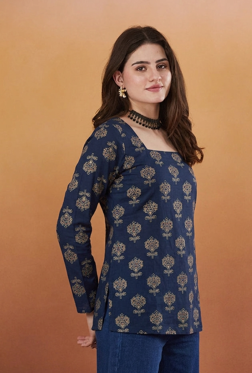 Pearl Blue Rayon Designer Short Kurti
