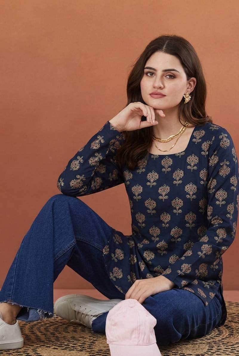 Pearl Blue Rayon Designer Short Kurti