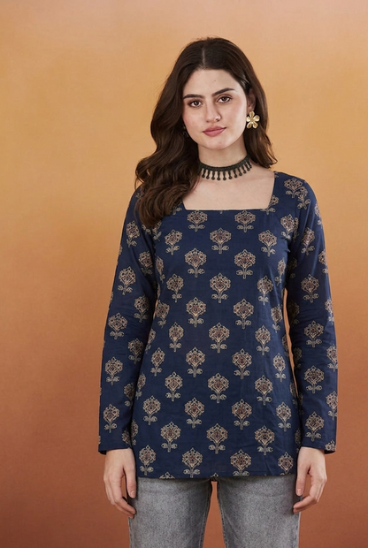 Pearl Blue Rayon Designer Short Kurti
