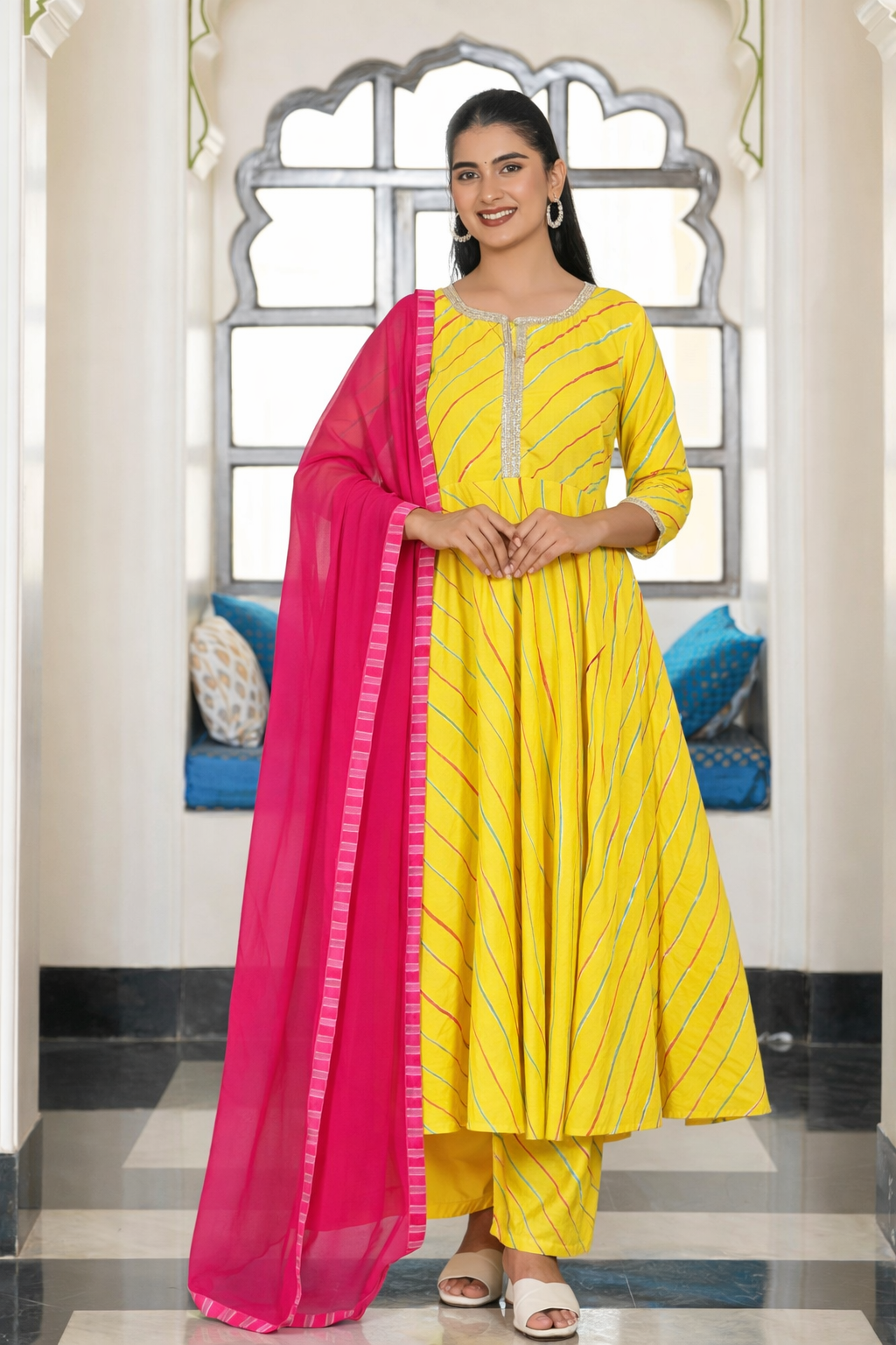 Noor X Women's Cotton Leheriya Printed Parvi Anarkali Suit Set