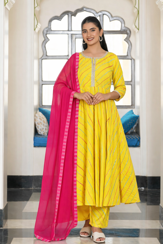 Noor X Women's Cotton Leheriya Printed Parvi Anarkali Suit Set
