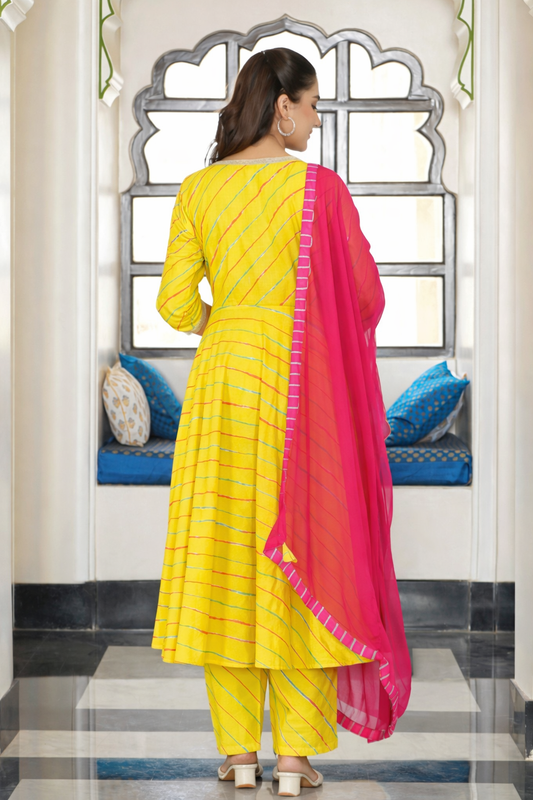 Noor X Women's Cotton Leheriya Printed Parvi Anarkali Suit Set