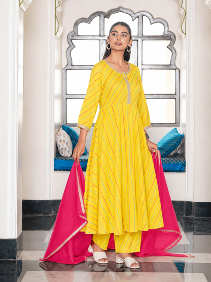 Noor X Women's Cotton Leheriya Printed Parvi Anarkali Suit Set