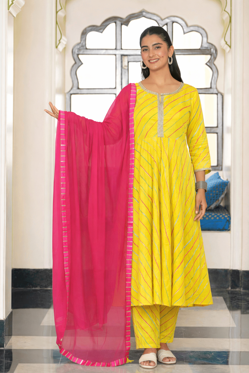 Noor X Women's Cotton Leheriya Printed Parvi Anarkali Suit Set