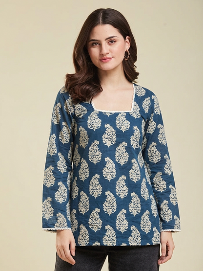 Rayon Floral Hanblock Boota Printed Blue Short Kurti