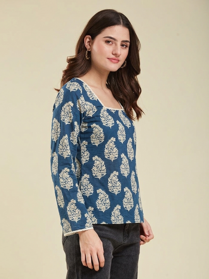 Rayon Floral Hanblock Boota Printed Blue Short Kurti