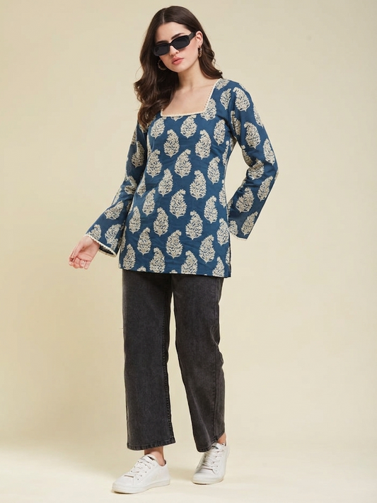 Rayon Floral Hanblock Boota Printed Blue Short Kurti