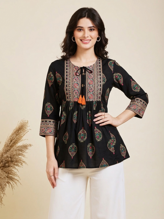 Women's Floral Printed Black Alvira Top