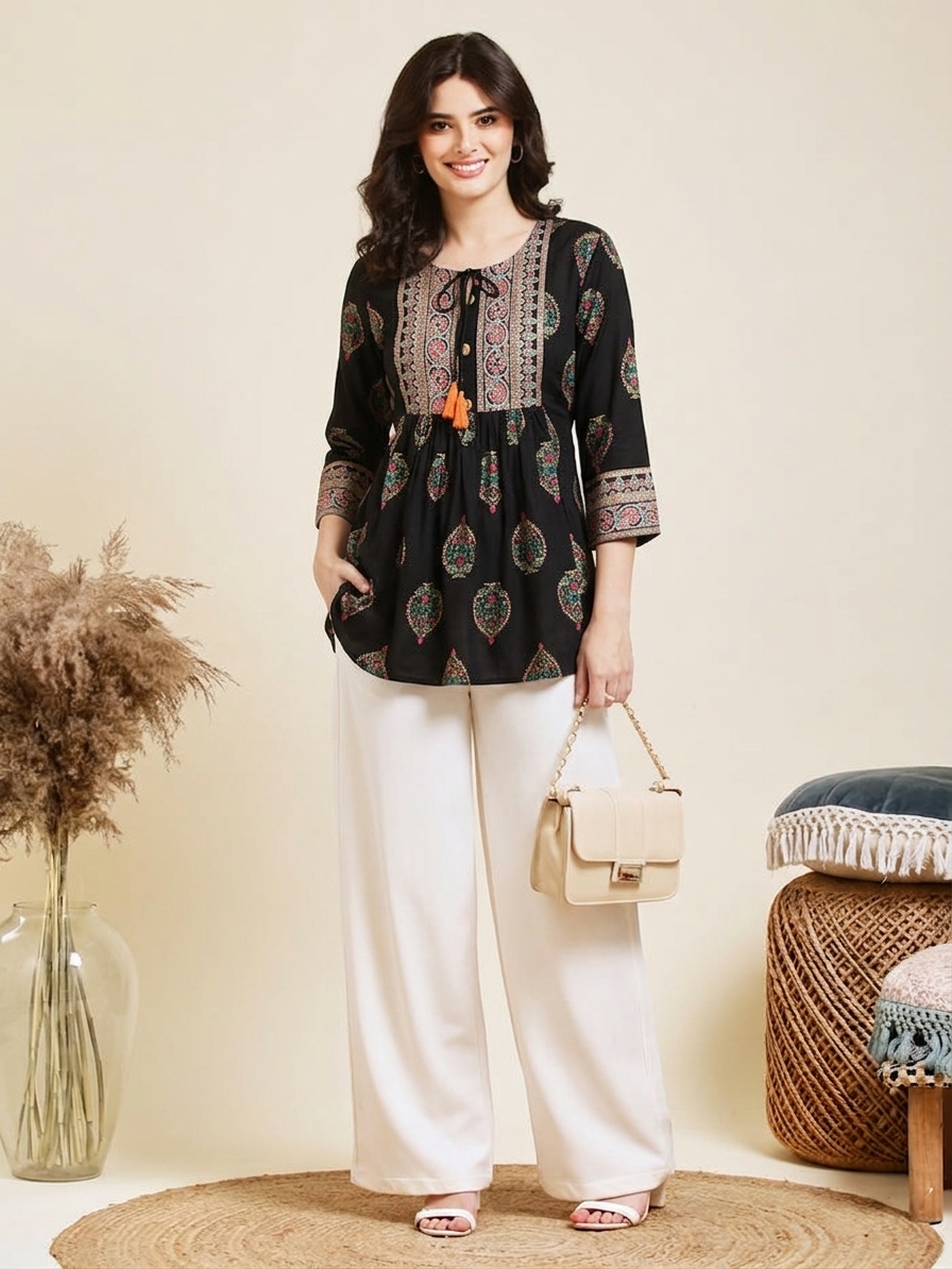 Women's Floral Printed Black Alvira Top