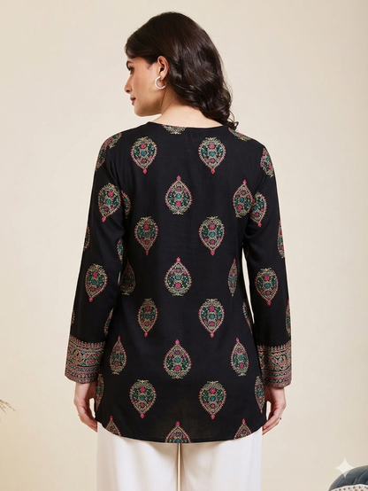 Women's Floral Printed Black Alvira Top
