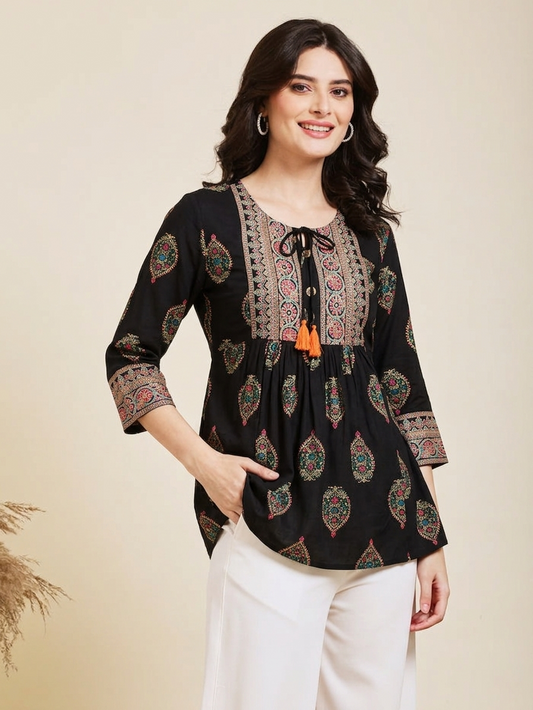 Women's Floral Printed Black Alvira Top