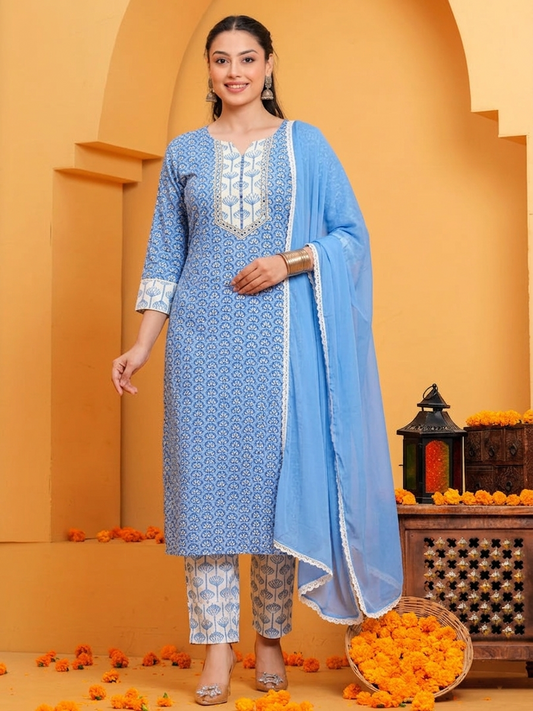 Noor X Women's Cotton Blue Ariska Suit Set