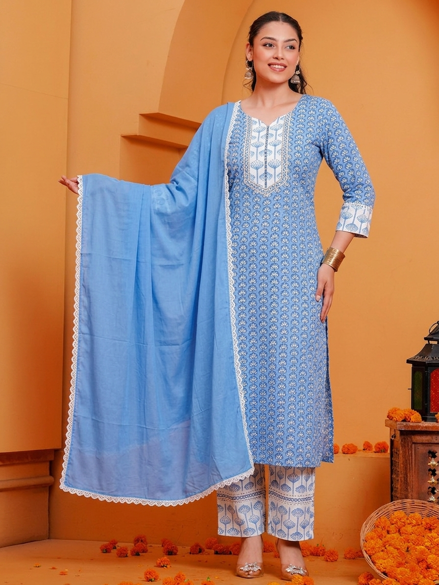Noor X Women's Cotton Blue Ariska Suit Set