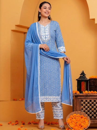 Noor X Women's Cotton Blue Ariska Suit Set