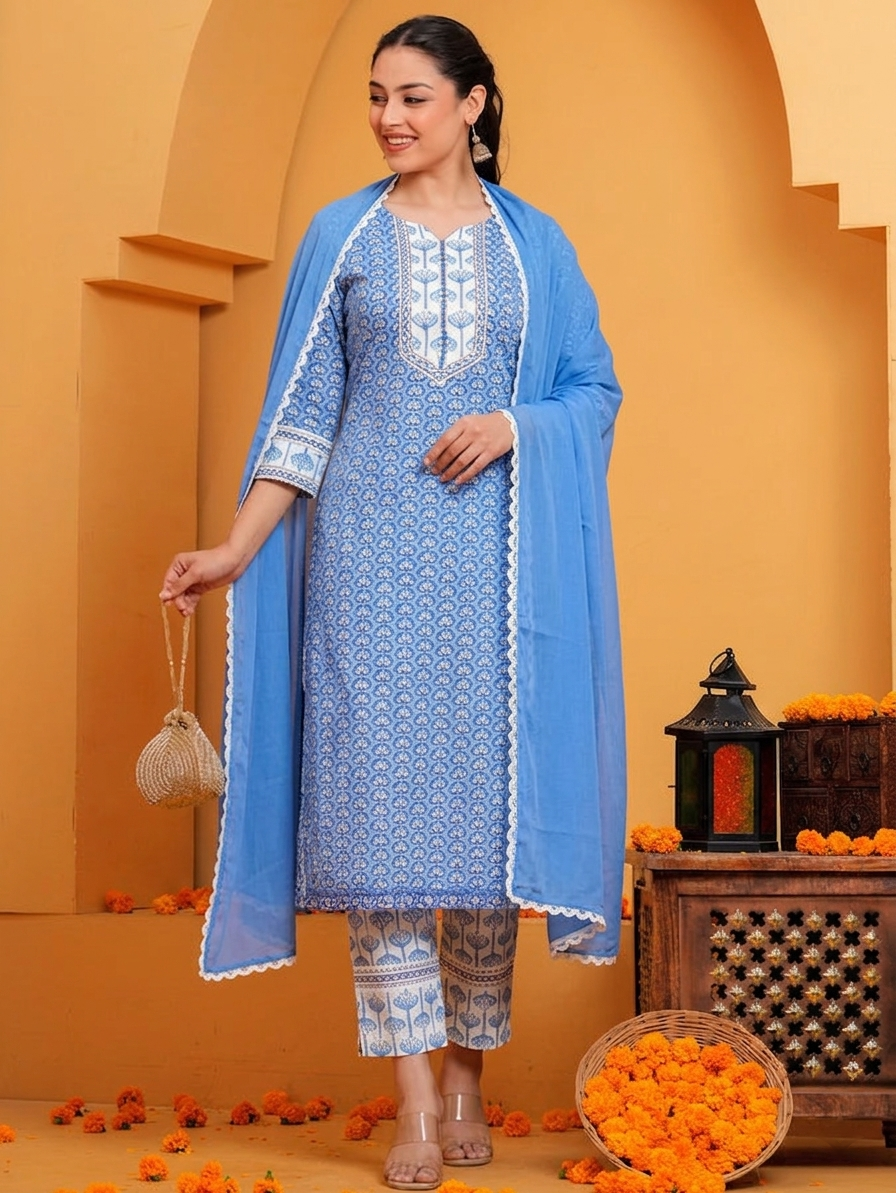 Noor X Women's Cotton Blue Ariska Suit Set