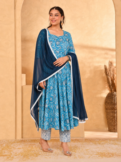 Noor X Women's Rayon Printed Blue Alisha Anarkali Suit Set