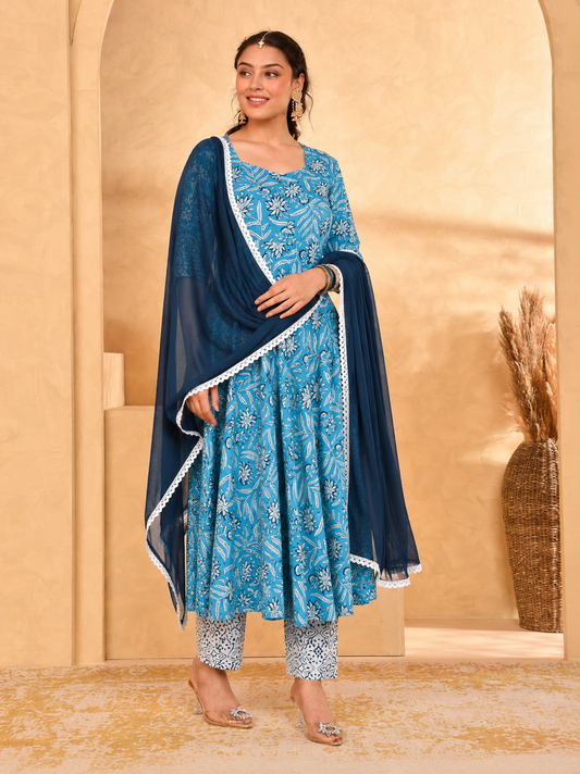 Noor X Women's Rayon Printed Blue Alisha Anarkali Suit Set