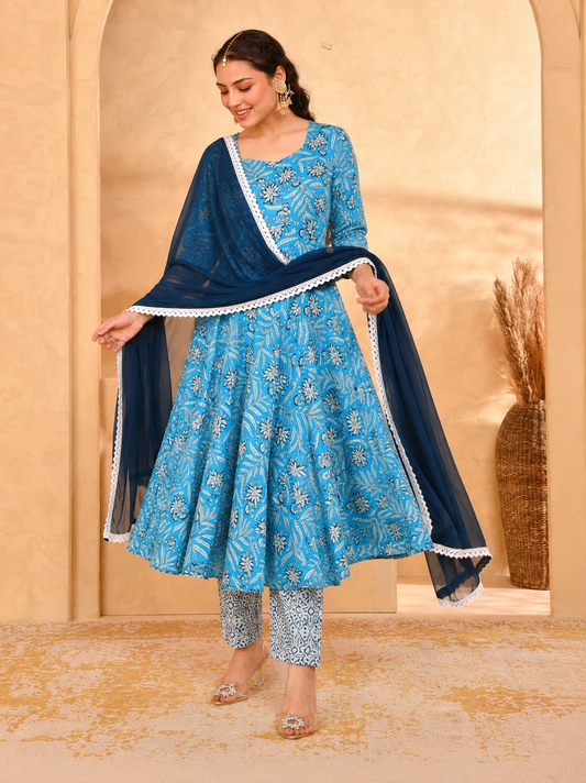 Noor X Women's Rayon Printed Blue Alisha Anarkali Suit Set