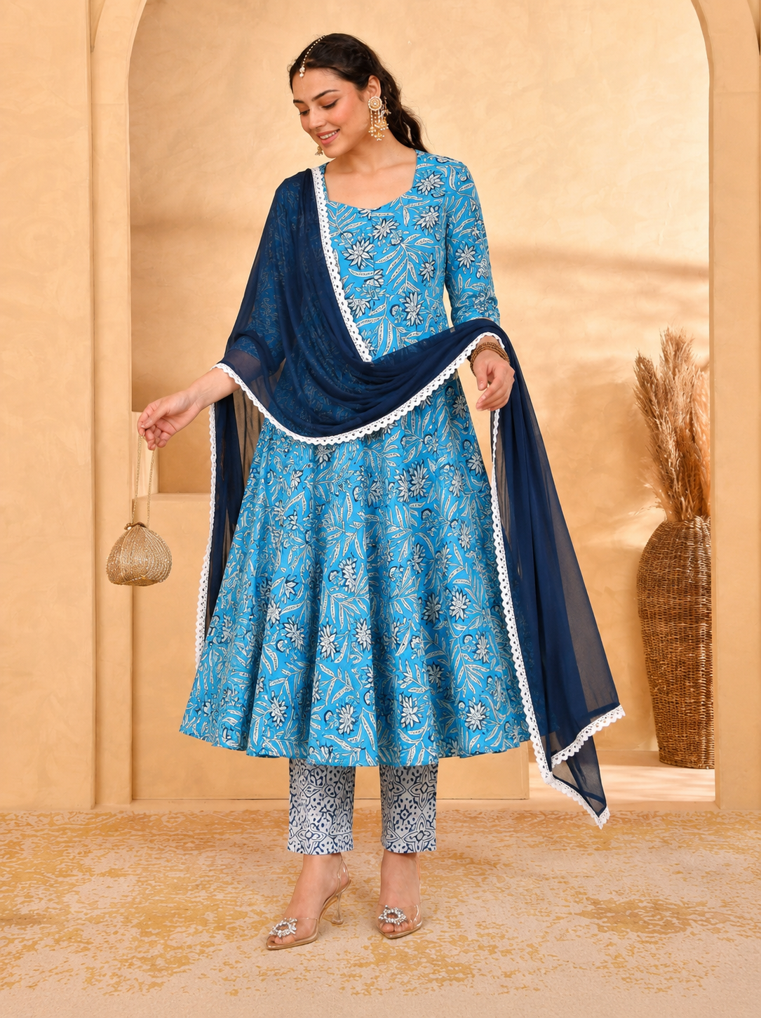 Noor X Women's Rayon Printed Blue Alisha Anarkali Suit Set