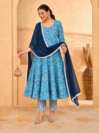Noor X Women's Rayon Printed Blue Alisha Anarkali Suit Set
