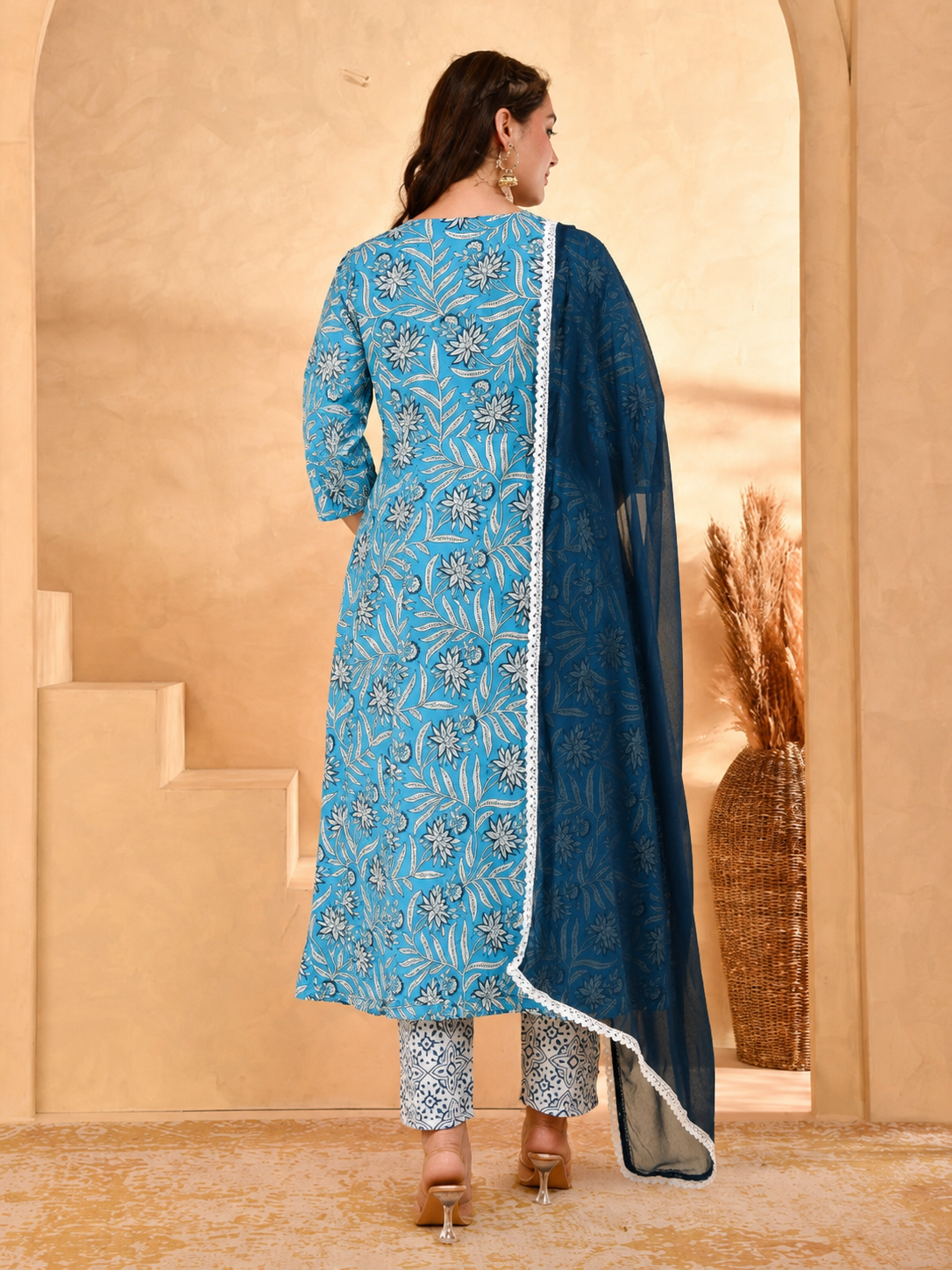 Noor X Women's Rayon Printed Blue Alisha Anarkali Suit Set
