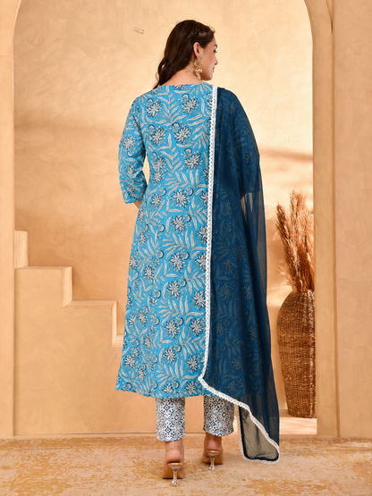 Noor X Women's Rayon Printed Blue Alisha Anarkali Suit Set