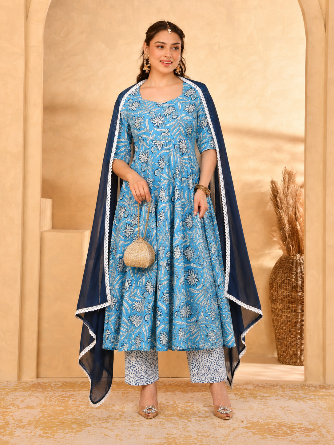 Noor X Women's Rayon Printed Blue Alisha Anarkali Suit Set