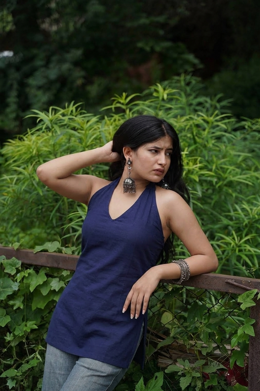 Women's Rayon Halter Neck Short Teal Kurti