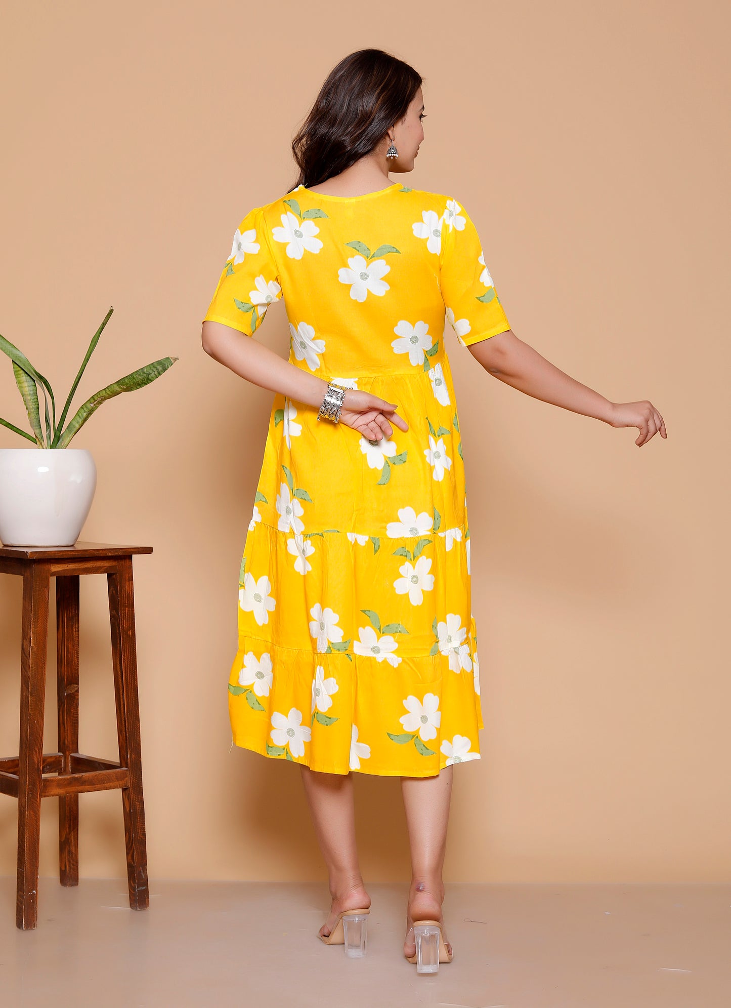 Noor Startup Women's Yellow Rayon Floral Print Tiered Midi Dress | Casual Summer Boho Dress with Short Sleeves & Round Neck | Women Yellow & White Floral Printed Rayon A-Line Tiered Dress | Summer Casual One-Piece Midi Dress