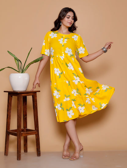Noor Startup Women's Yellow Rayon Floral Print Tiered Midi Dress | Casual Summer Boho Dress with Short Sleeves & Round Neck | Women Yellow & White Floral Printed Rayon A-Line Tiered Dress | Summer Casual One-Piece Midi Dress