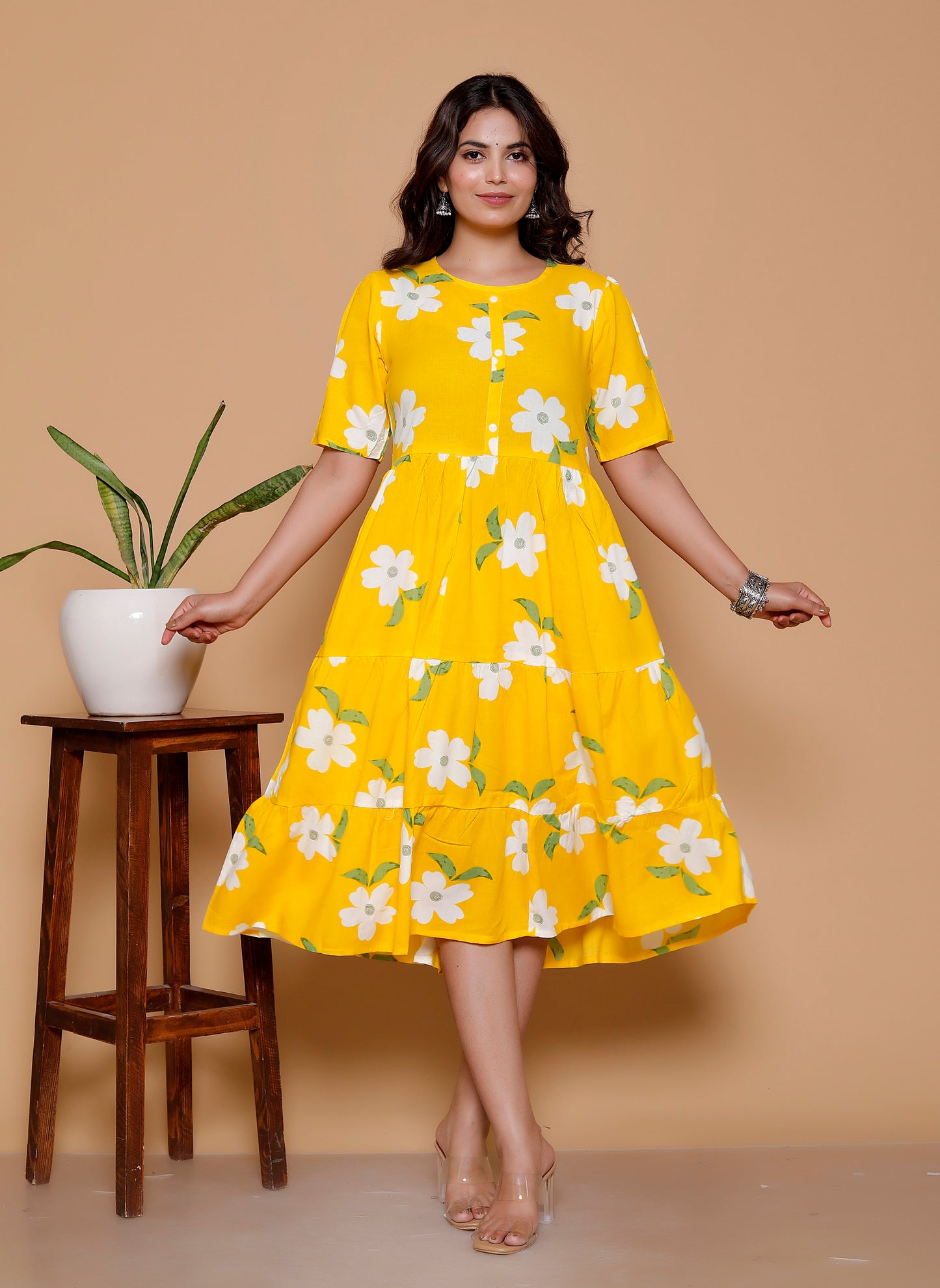 Noor Startup Women's Yellow Rayon Floral Print Tiered Midi Dress | Casual Summer Boho Dress with Short Sleeves & Round Neck | Women Yellow & White Floral Printed Rayon A-Line Tiered Dress | Summer Casual One-Piece Midi Dress