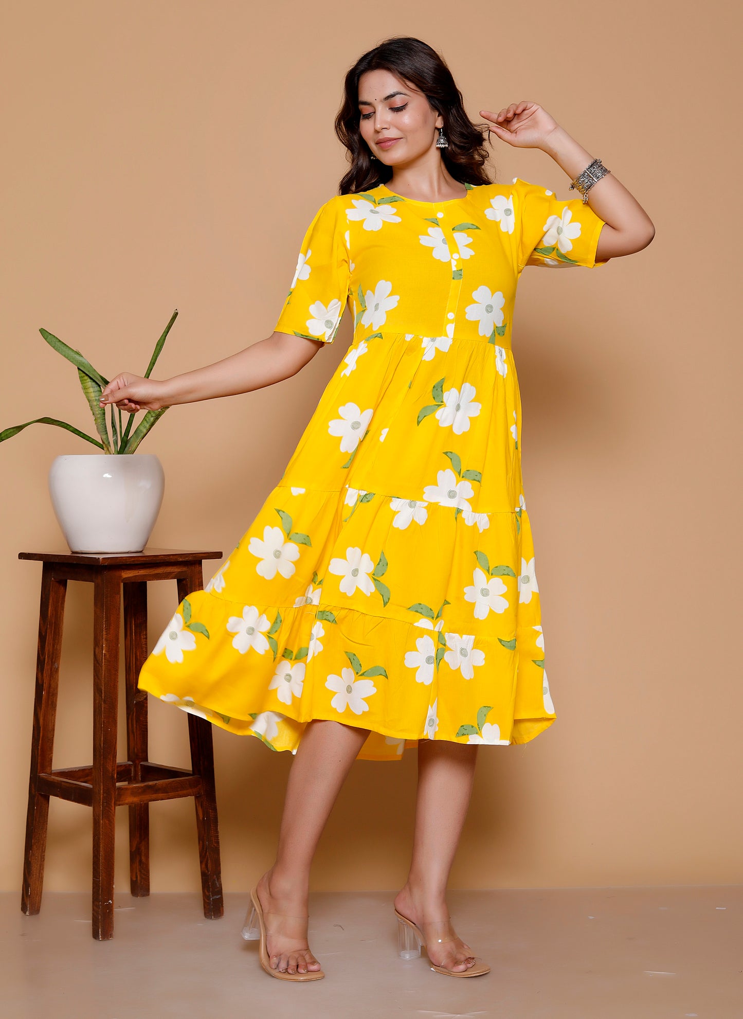 Noor Startup Women's Yellow Rayon Floral Print Tiered Midi Dress | Casual Summer Boho Dress with Short Sleeves & Round Neck | Women Yellow & White Floral Printed Rayon A-Line Tiered Dress | Summer Casual One-Piece Midi Dress