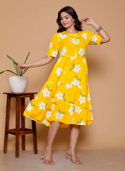 Noor Startup Women's Yellow Rayon Floral Print Tiered Midi Dress | Casual Summer Boho Dress with Short Sleeves & Round Neck | Women Yellow & White Floral Printed Rayon A-Line Tiered Dress | Summer Casual One-Piece Midi Dress