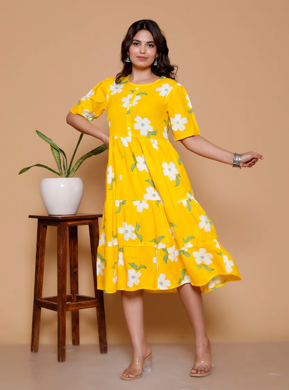 Noor Startup Women's Yellow Rayon Floral Print Tiered Midi Dress | Casual Summer Boho Dress with Short Sleeves & Round Neck | Women Yellow & White Floral Printed Rayon A-Line Tiered Dress | Summer Casual One-Piece Midi Dress