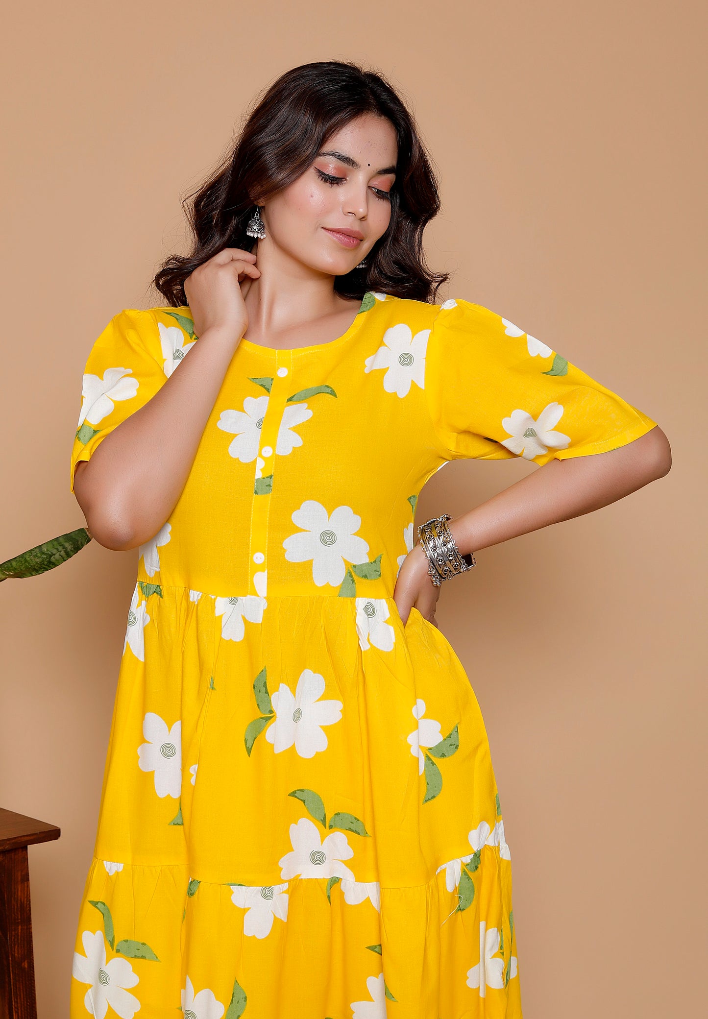 Noor Startup Women's Yellow Rayon Floral Print Tiered Midi Dress | Casual Summer Boho Dress with Short Sleeves & Round Neck | Women Yellow & White Floral Printed Rayon A-Line Tiered Dress | Summer Casual One-Piece Midi Dress