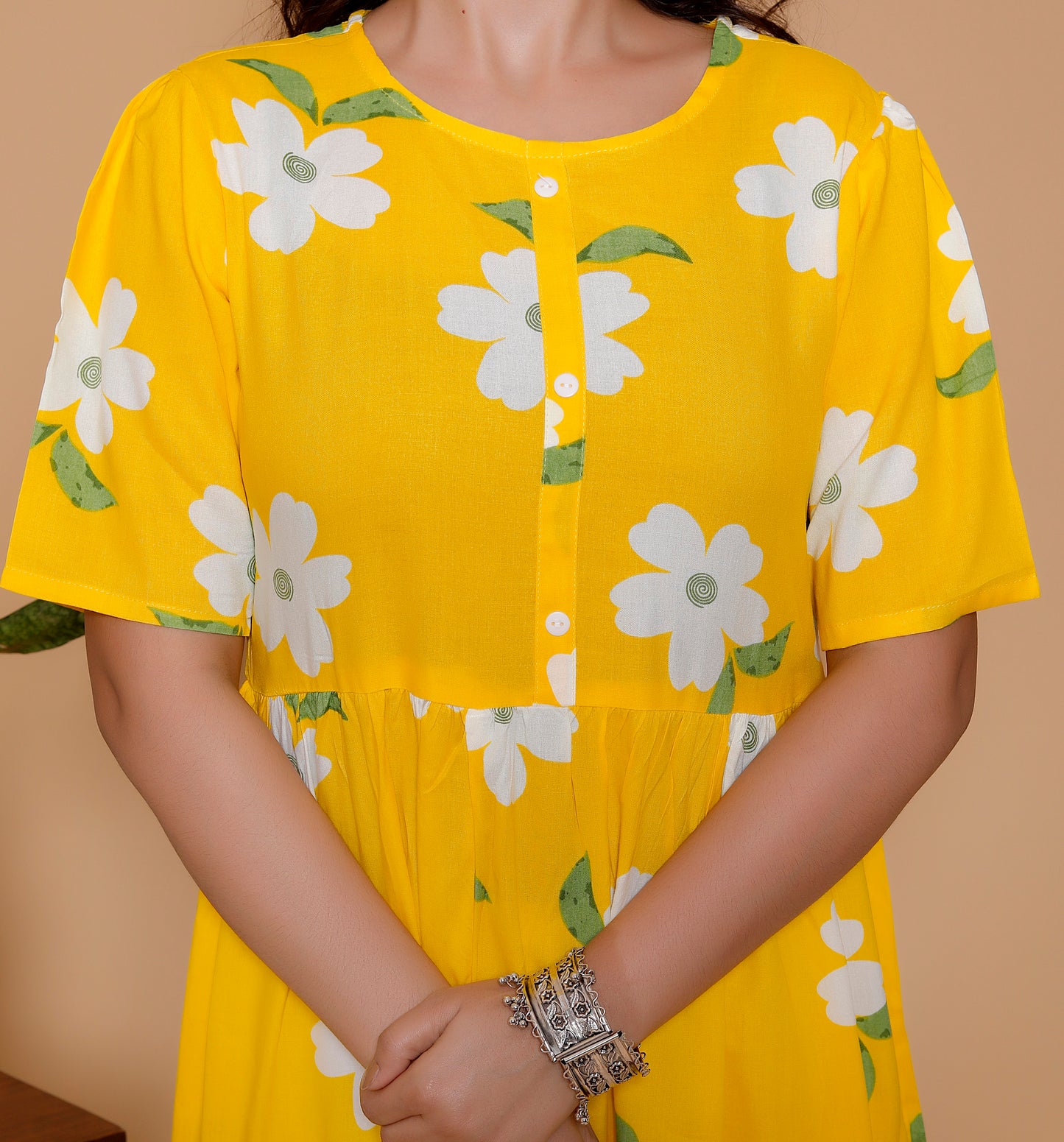Noor Startup Women's Yellow Rayon Floral Print Tiered Midi Dress | Casual Summer Boho Dress with Short Sleeves & Round Neck | Women Yellow & White Floral Printed Rayon A-Line Tiered Dress | Summer Casual One-Piece Midi Dress