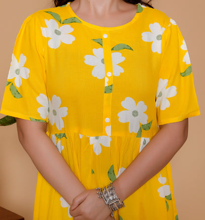 Noor Startup Women's Yellow Rayon Floral Print Tiered Midi Dress | Casual Summer Boho Dress with Short Sleeves & Round Neck | Women Yellow & White Floral Printed Rayon A-Line Tiered Dress | Summer Casual One-Piece Midi Dress